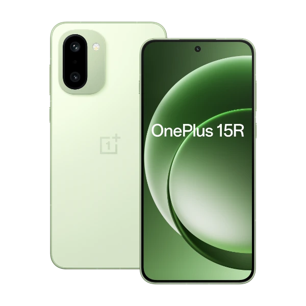 OnePlus 15R Mint Breeze smartphone front and back