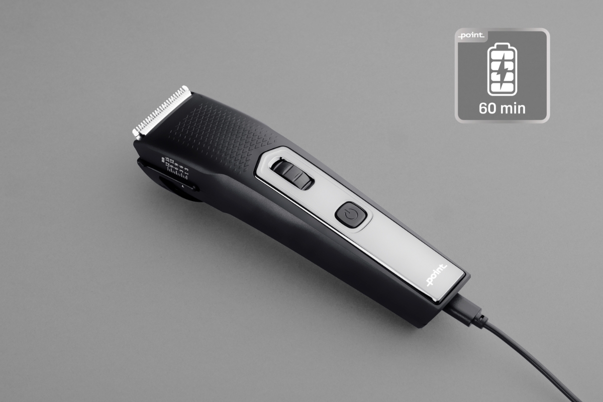 Wide angle image of POINT STYLE HAIR CLIPPER SET against grey background with an icon indicating 60 operating time