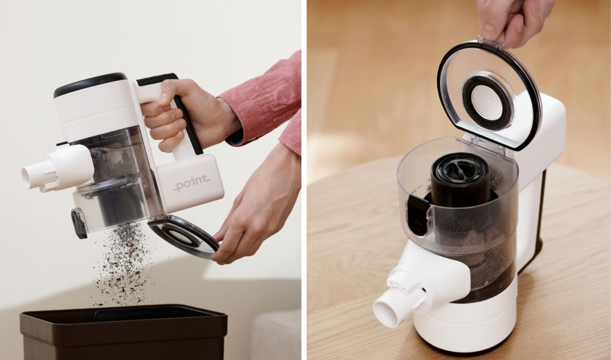 Two images of the Point Pencil stick vacuum cleaner side by side, on the left the dust container is being emptied, on the right the lid of the dust container is being opened