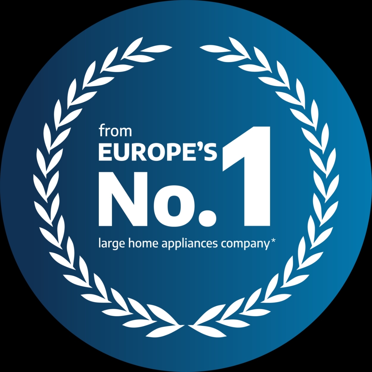 Bl&aring; rund badge med en hvit laurb&aelig;rkrans, som proklamerer 'from EUROPE'S No. 1 large home appliances company*'.