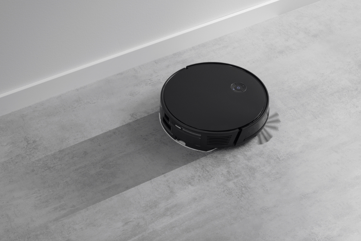 POINT DUSTY600+ ROBOT VACUUM CLEANER mopping grey floor, leaving behind a sparkling clean floor