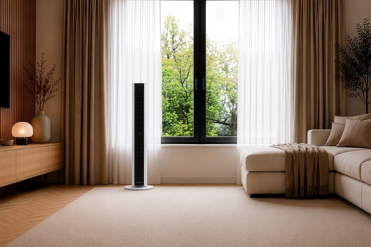 Black Point tower fan in a living room with lots of light and warm tones and a window behind the fan with lots of greenery