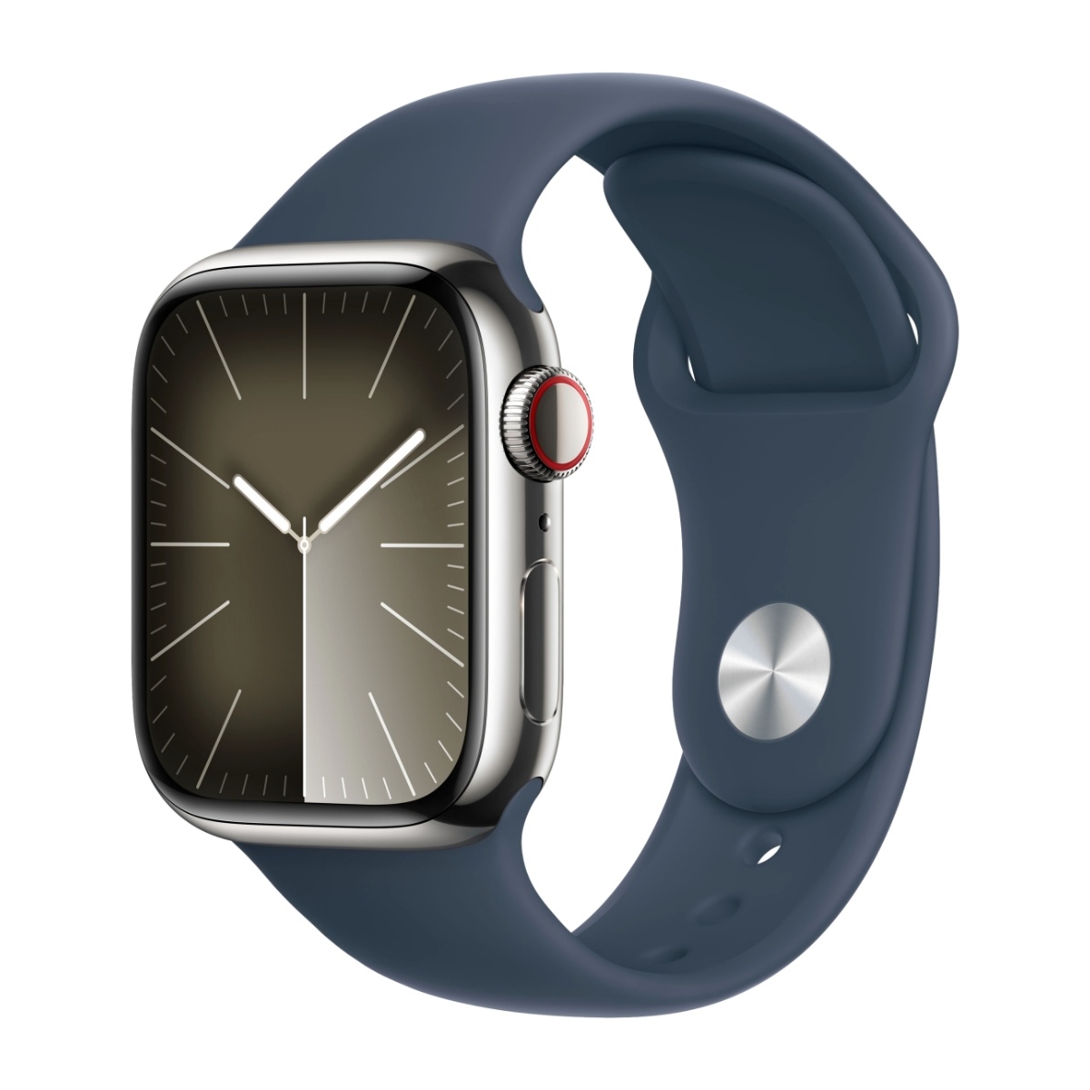 Apple Watch Series 9 GPS + Cell 41 mm sølvfarvet Rustfrit stål urkasse med Stormblå sportsrem - M/L