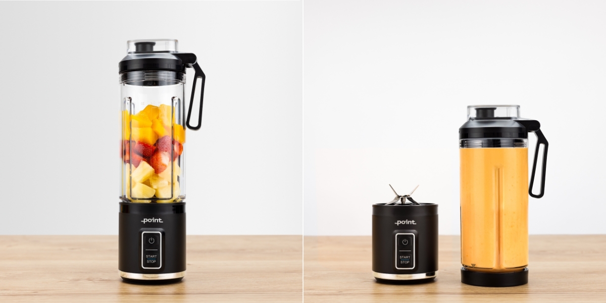 POINT POSB5000 RECHARGABLE SPORT BLENDER A black Point rechargeable travel blender on a wooden table in two pictures side by side: on the filled with colorful berries and on the right the berries are mixed into an orange smoothie