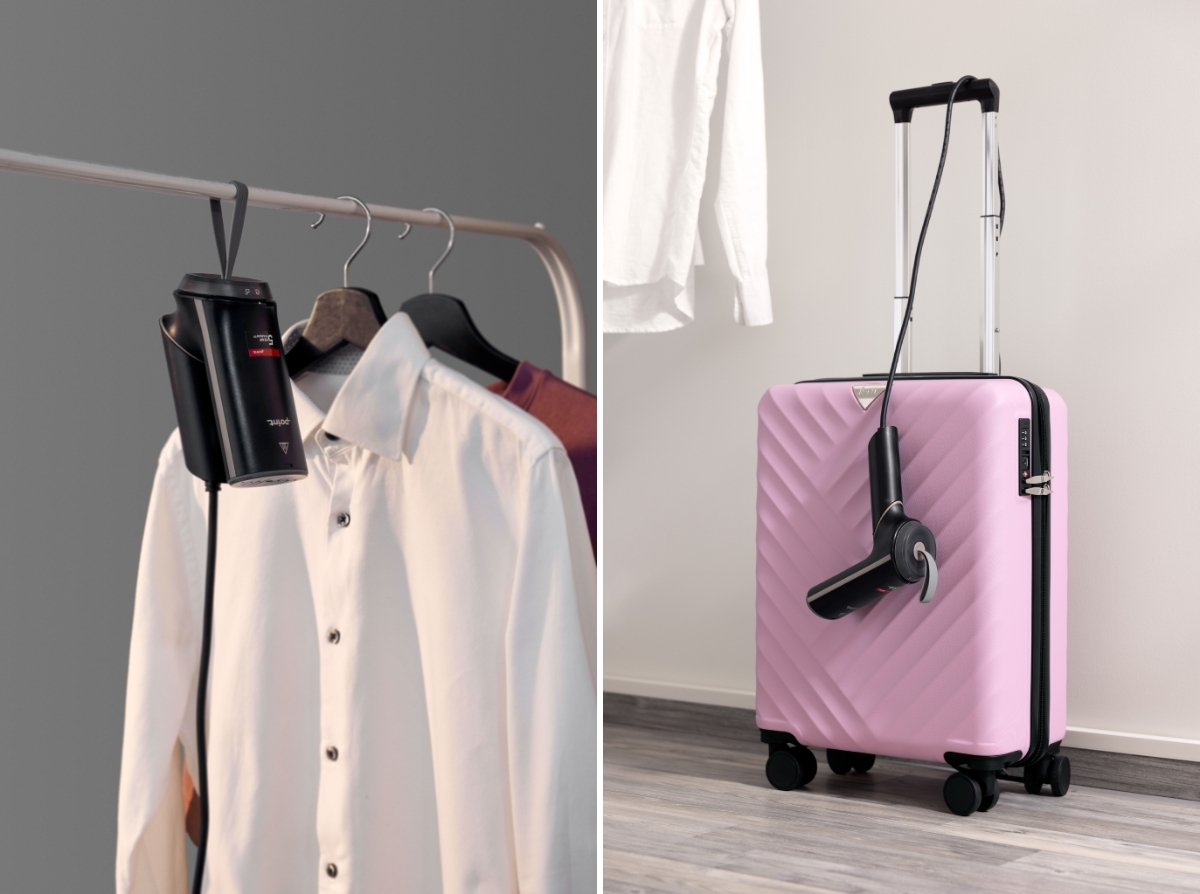 Two pictures side by side of a black Point travel steamer with the left picture showing it folded on a white coat stand with white and red collar shirts next to it and the right picture showing a pink suitcase against a white wall with the steamer hanging on its handle