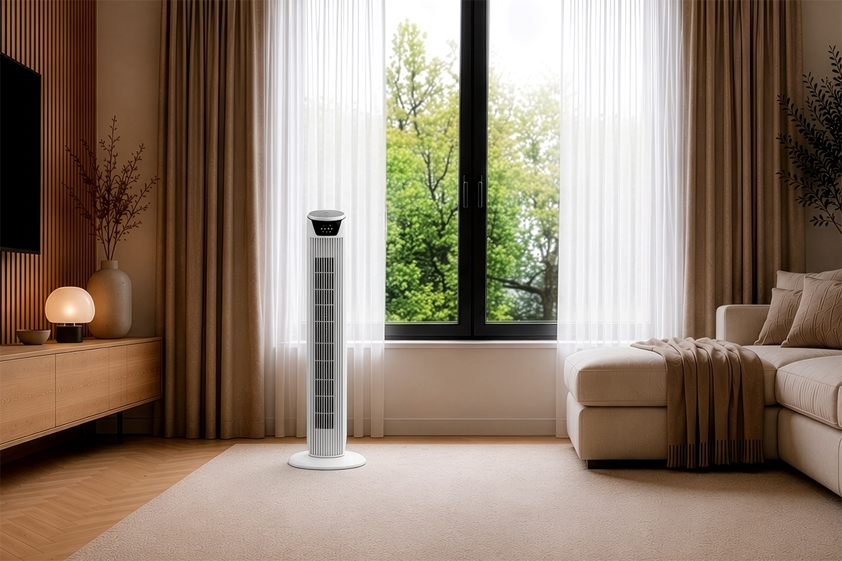 POINT AC TOWER FAN 36" WH White Point tower fan in a living room with lots of light and warm tones with a window behind the fan showing lots of greenery