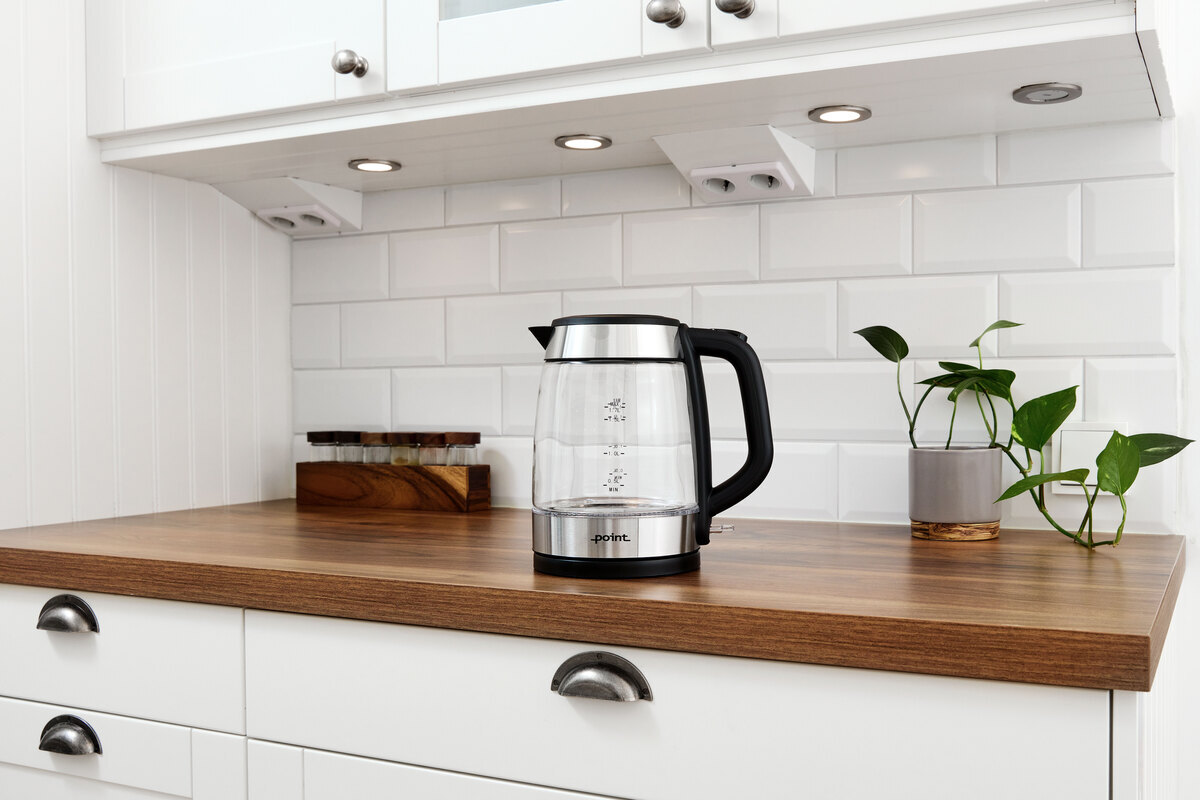 Water kettle on the kitchen counter next to a plant and spice bottles