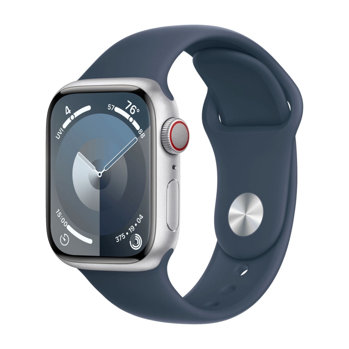 Apple Watch Series 9 GPS + Cellular 41 mm silver aluminiumboett med Stormblå sportband - M/L