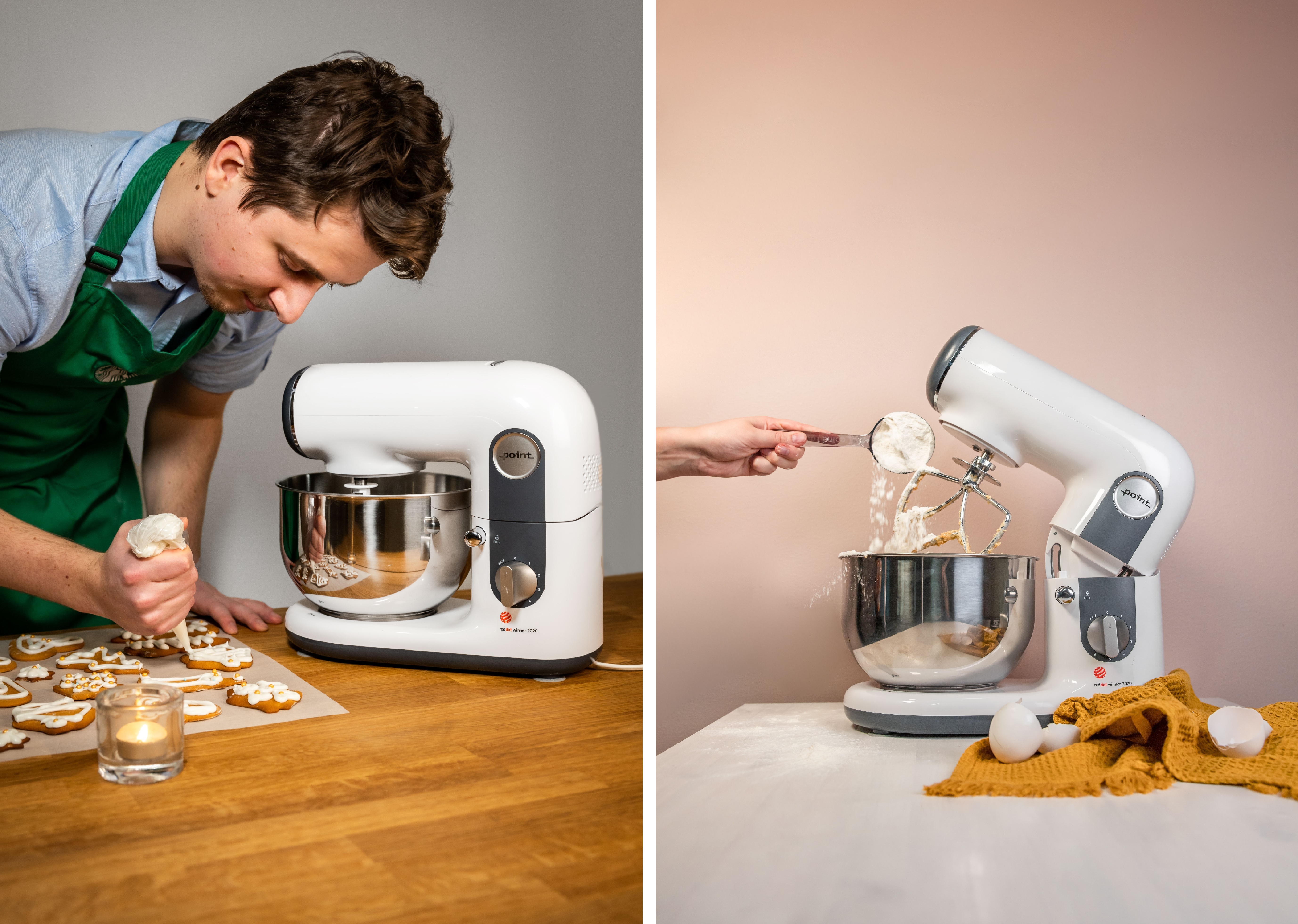 Two pictures of a white stand mixer with a man decorating ginger cookies and the mixer on a table with a hand putting flour in it