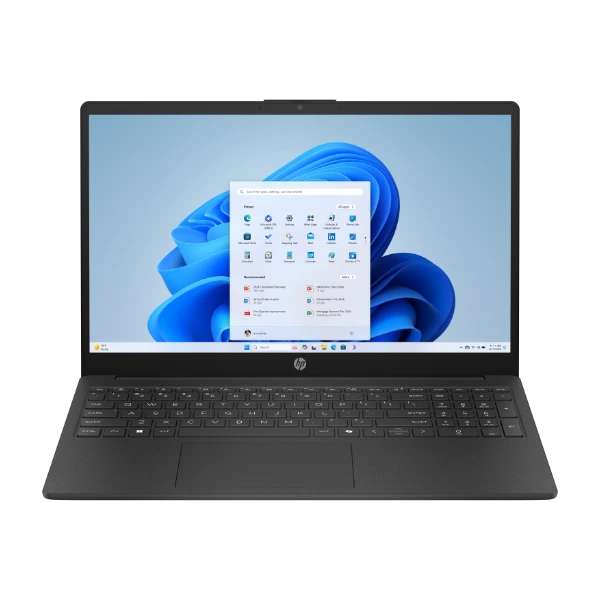 Åpen HP Laptop 15-FD0085NO, en 15,6-tommers bærbar PC, viser Windows 11 startmeny med festede apper som Edge, Microsoft 365 og LinkedIn. Skjermen viser været som 78°F og sol. Det mørkegrå tastaturet og berøringsplaten er synlige, sammen med HP-logoen over tastaturet.
