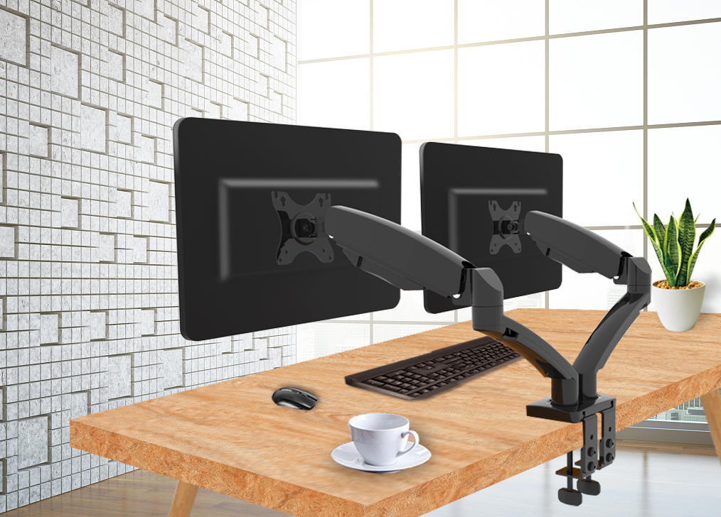 Simulated image of two monitors attached to Cepter monitor mount with gas spring