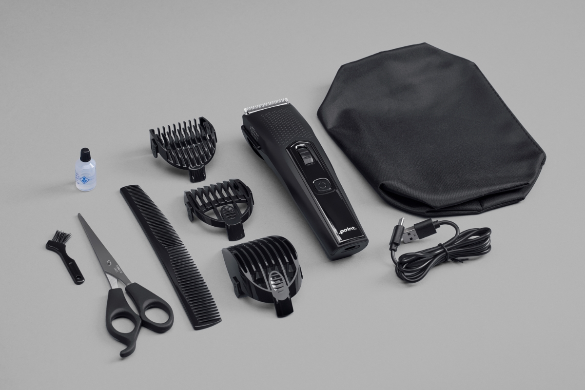 Wide angle image of POINT STYLE HAIR CLIPPER SET and all its accessories against light grey background