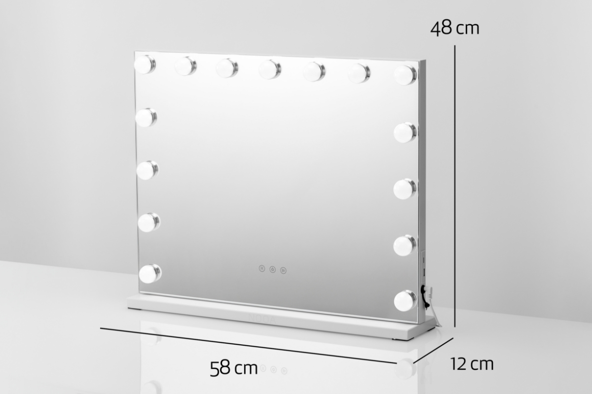 NOOA GLAM HOLLYWOOD MAKEUP MIRROR and its measurements (H:48 cm, W: 58 cm, D: 12 cm),  displayed