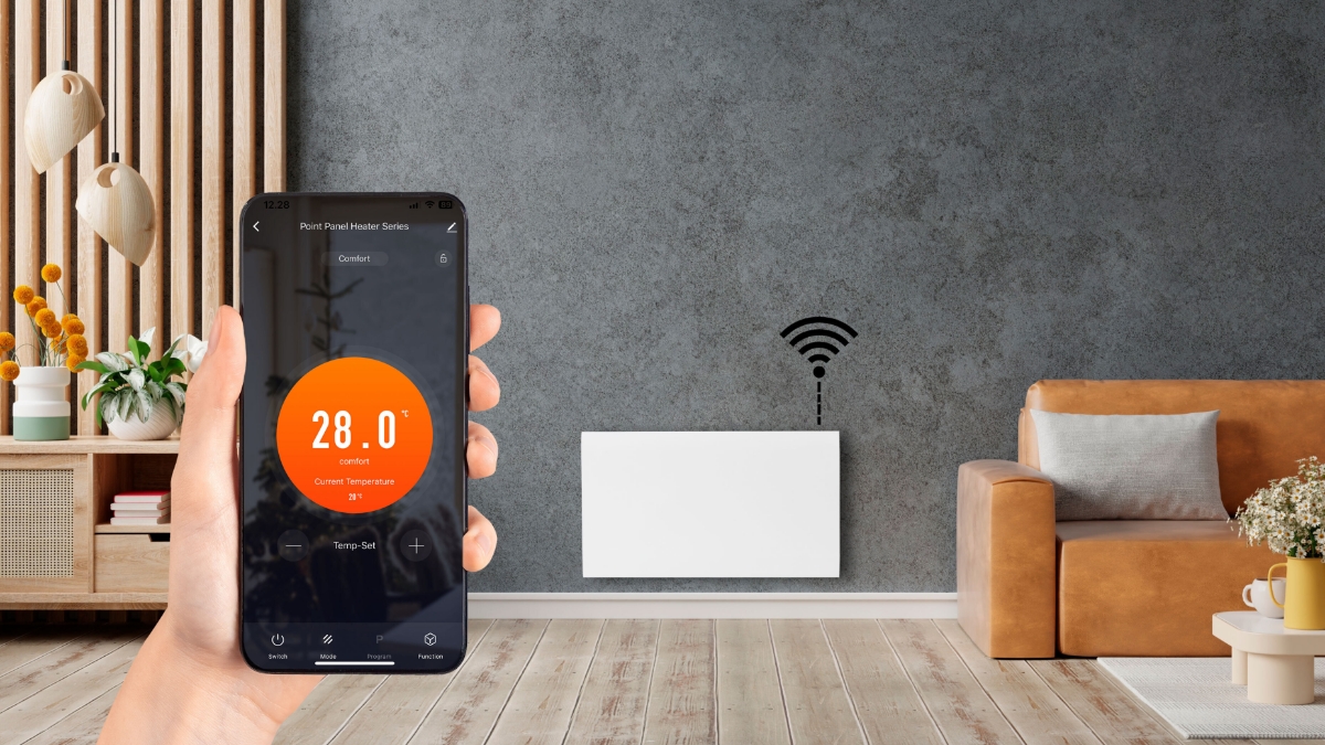 The white POINT POPANW800 PANEL HEATER on a dark wall, with a hand holding a phone with the Smart Life application open on it on the foreground