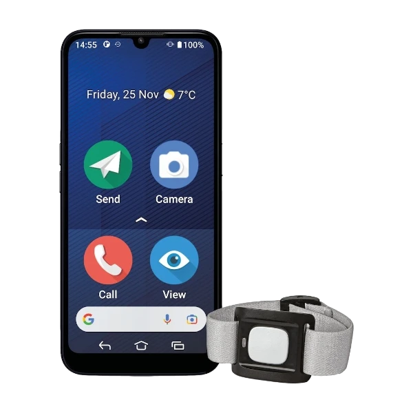 Doro 8210 Secure smarttelefon + bærbar alarmknapp, blå (lader følger ikke med)