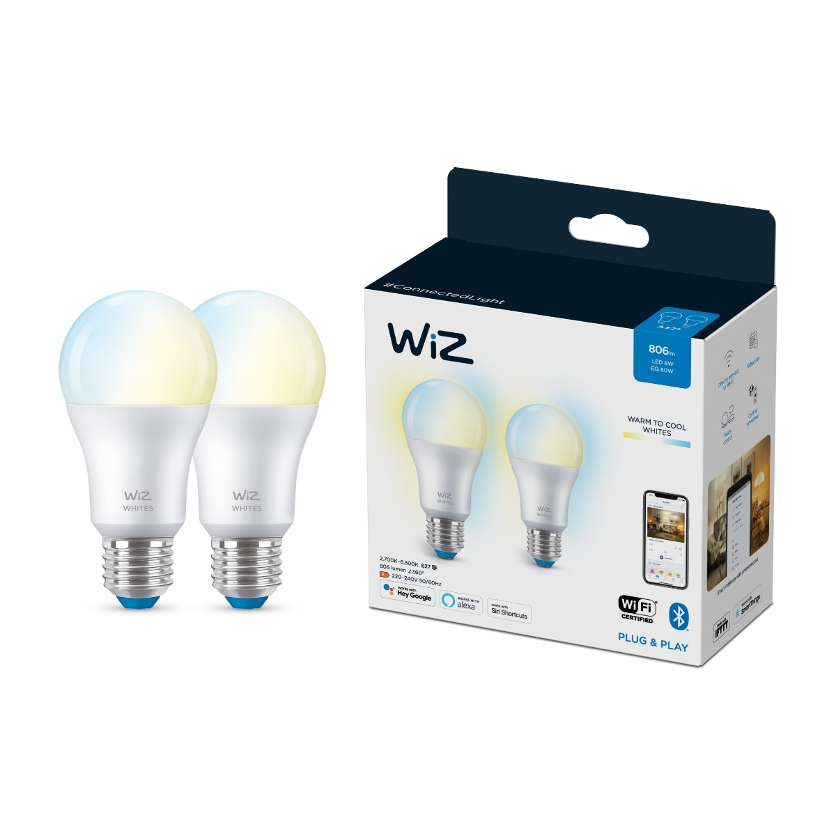 WiZ Wi-Fi Ble smartpære 60W A60 E27 927-65 Tw 2 stk
