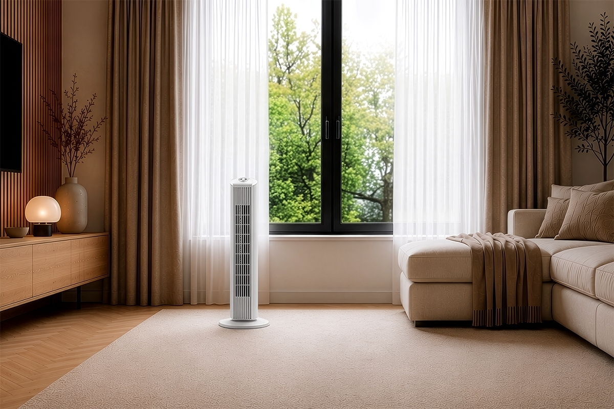 A white Point tower fan in a living room with warm tones and lots of light and a window behind the fan that has lots of greenery