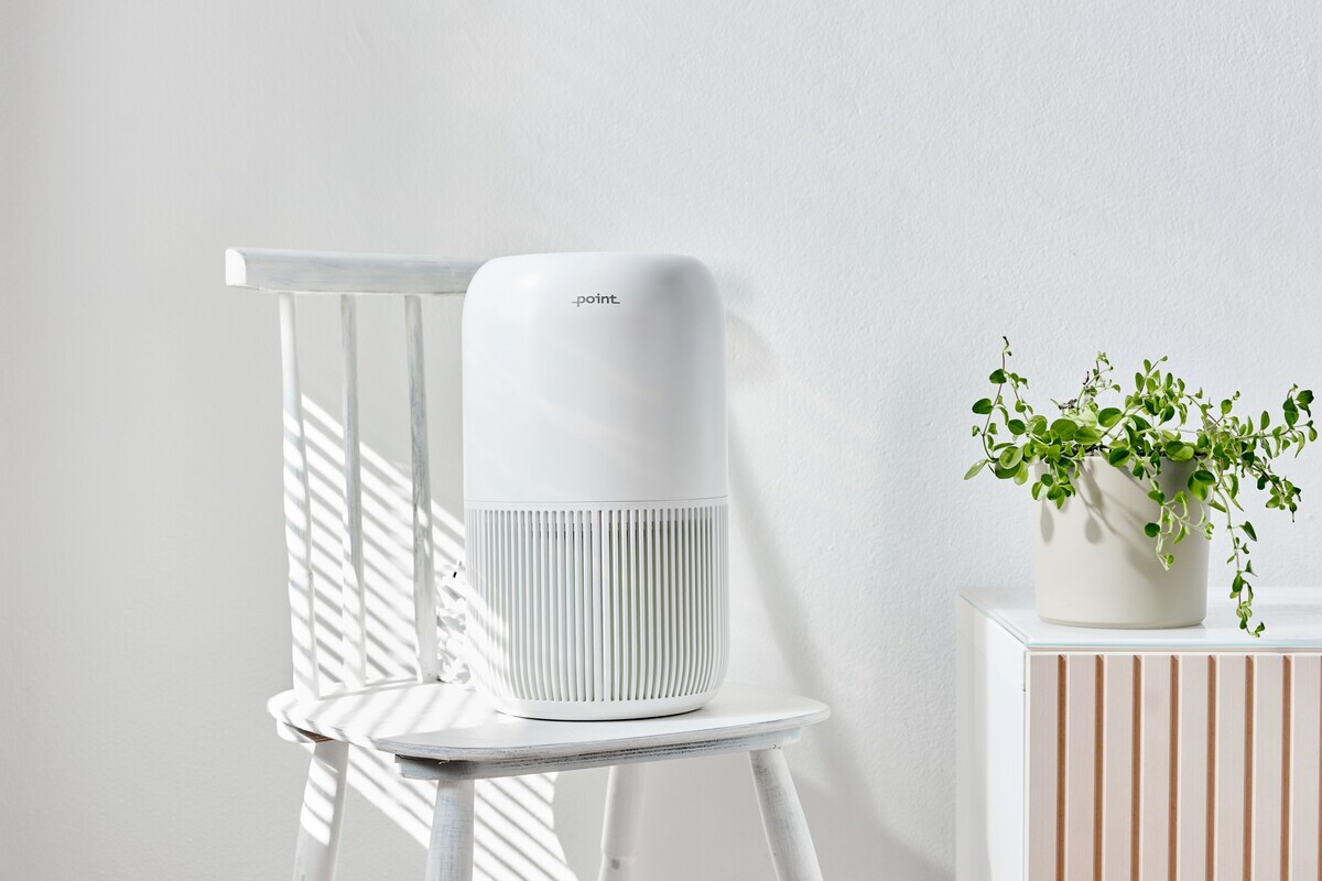 Air purifier on top of the chair and next to a plant in sun light