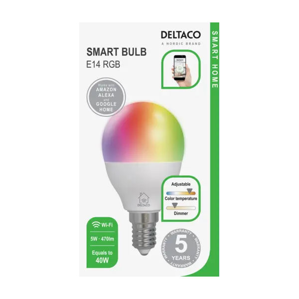 DELTACO SMART HOME LED-LAMPA, E14, WIFI 2,4GHZ, 5W, 470LM, DIMBAR,  2700K-6500K, 220-240V - RGB 