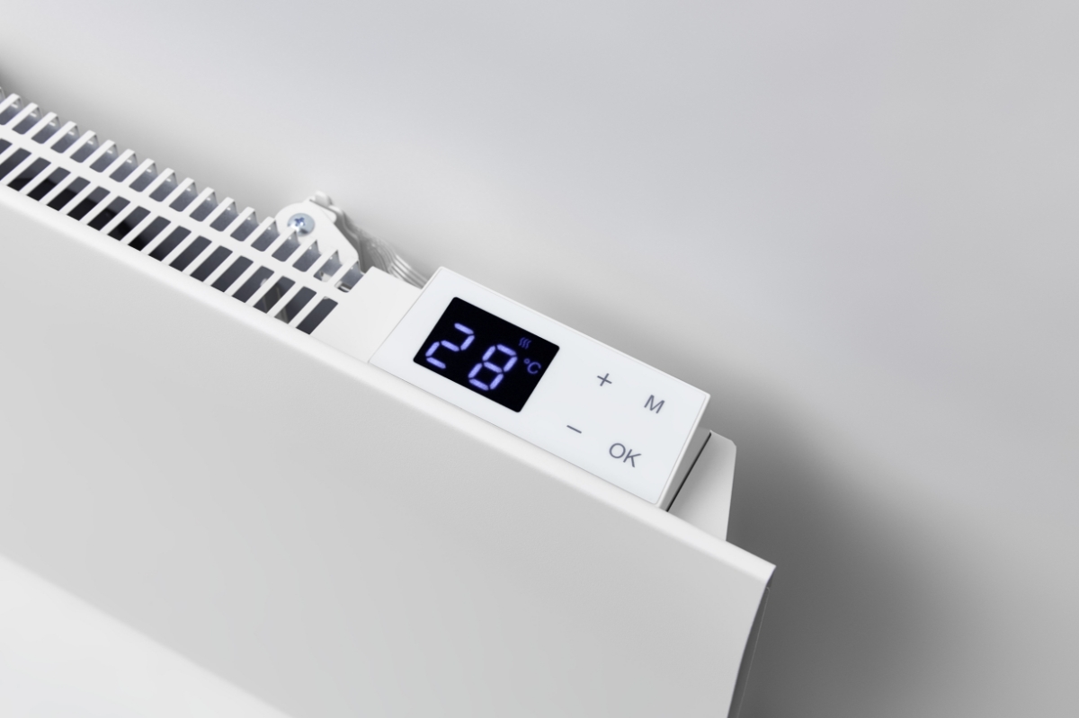 Close up of the control panel of the POINT POLISW1000 LOW PANEL HEATER, MATT WHITE