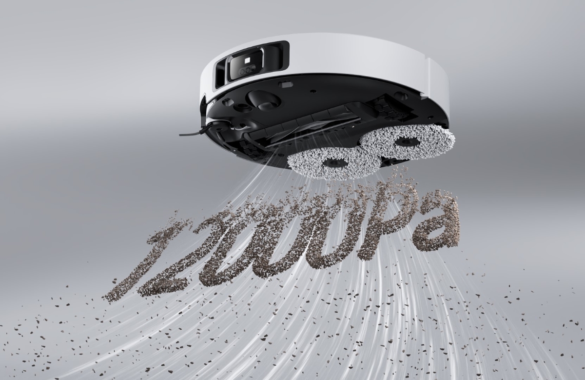 A white Dreame X40 Ultra robot vacuum cleaner pictured from below against a grey background with a large 