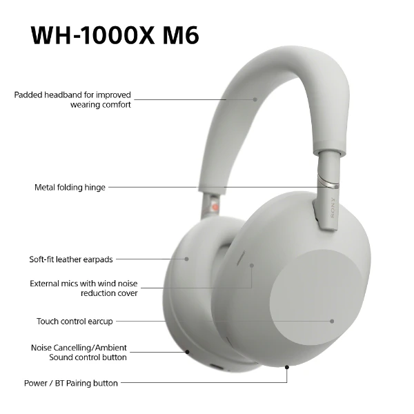 Sony WH-1000XM6 trådløse støydempende hodetelefoner, sølv - Power.no