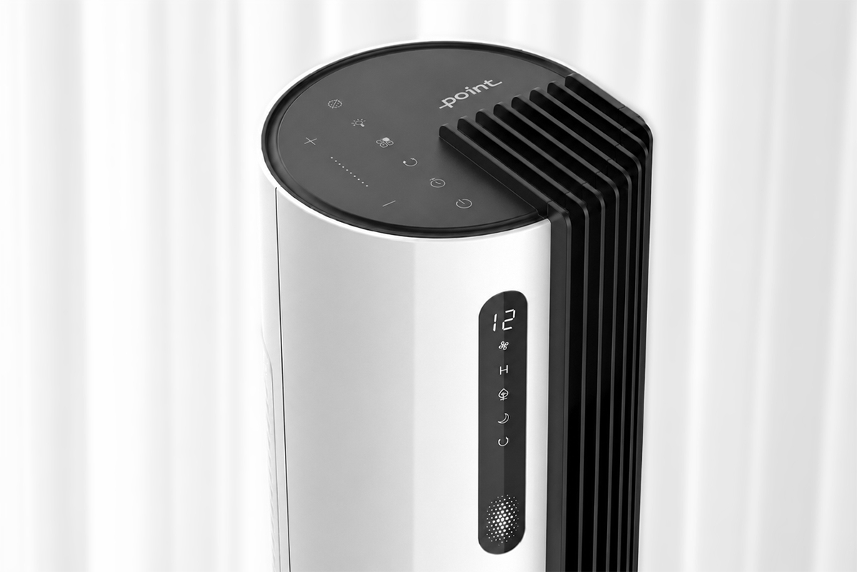 Black Point tower fan against a white background with its screen showing