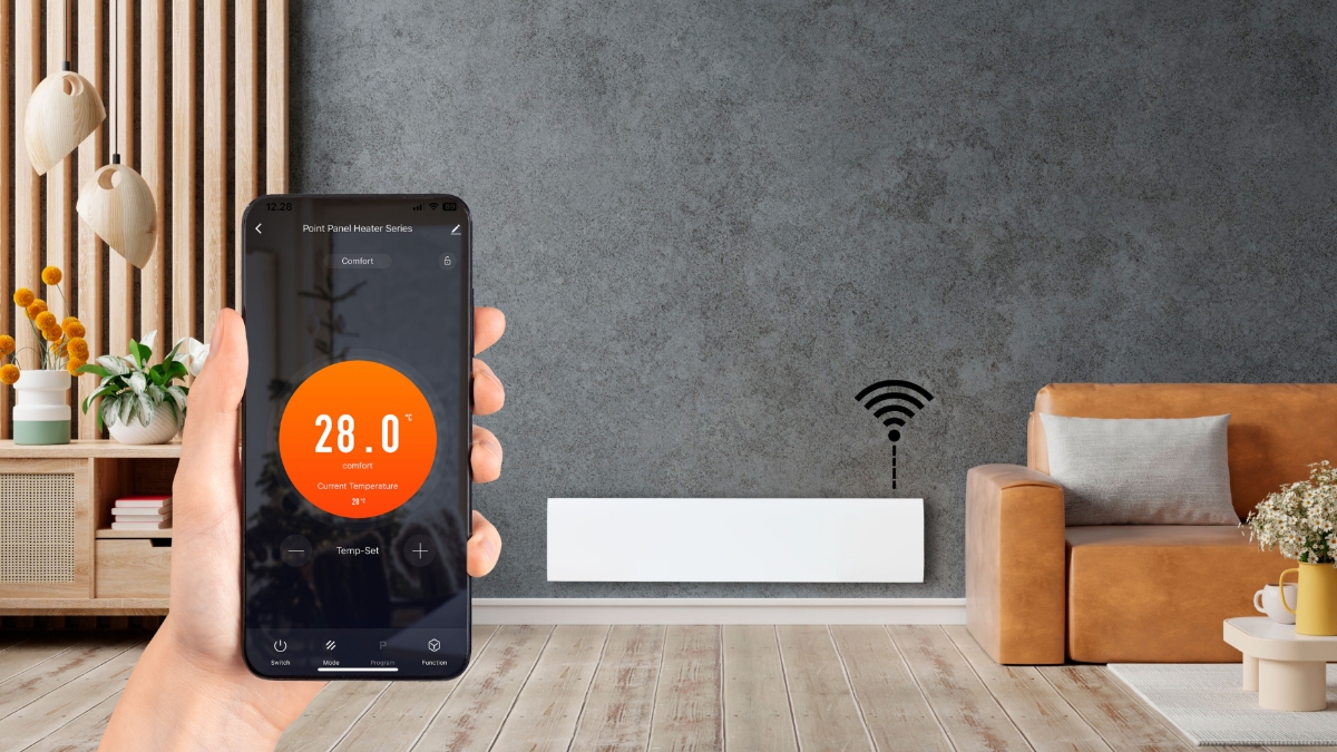 An illustration of the Smart Life app being used to control the POINT POPANW1500 PANEL HEATER WIFI 1500W