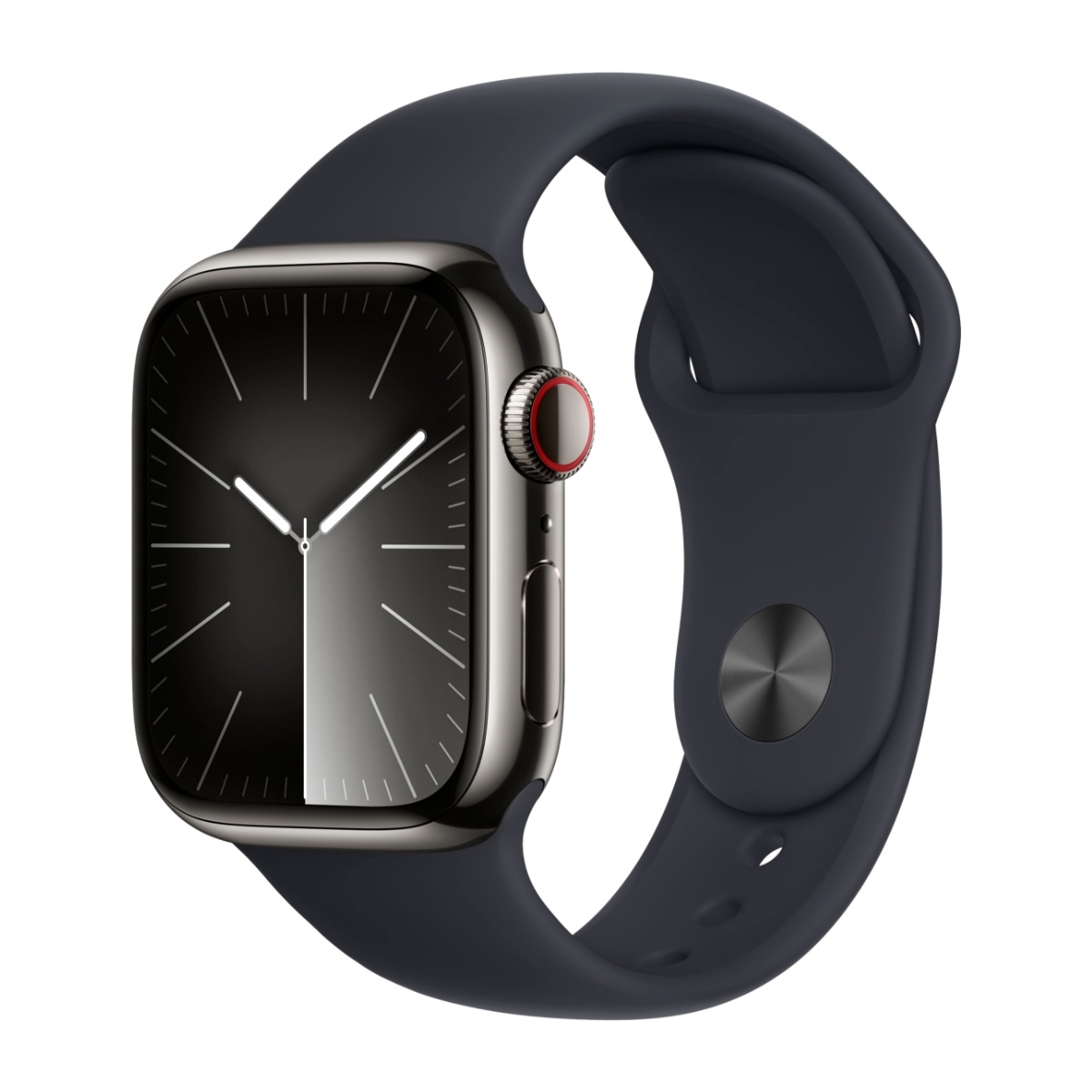Apple Watch Series 9 GPS + Cellular 41 mm, graphite Rustfrit, stål urkasse med, Midnat sportsrem - S/M