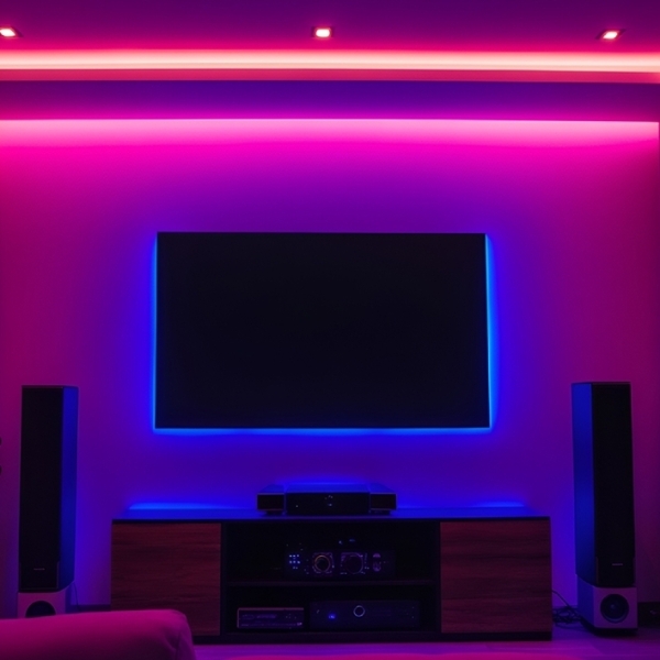 A TV setup illuminated with purple and blue lights