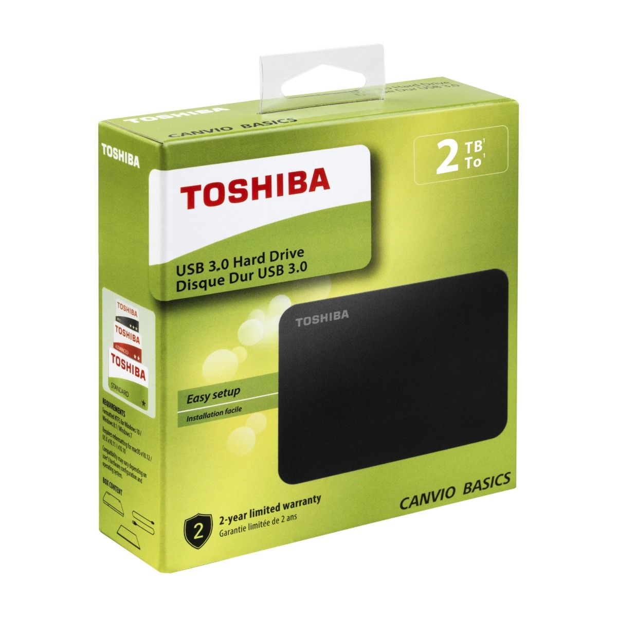 Black Toshiba Canvio Basics 2TB Portable USB 3.0 External Hard Drive 