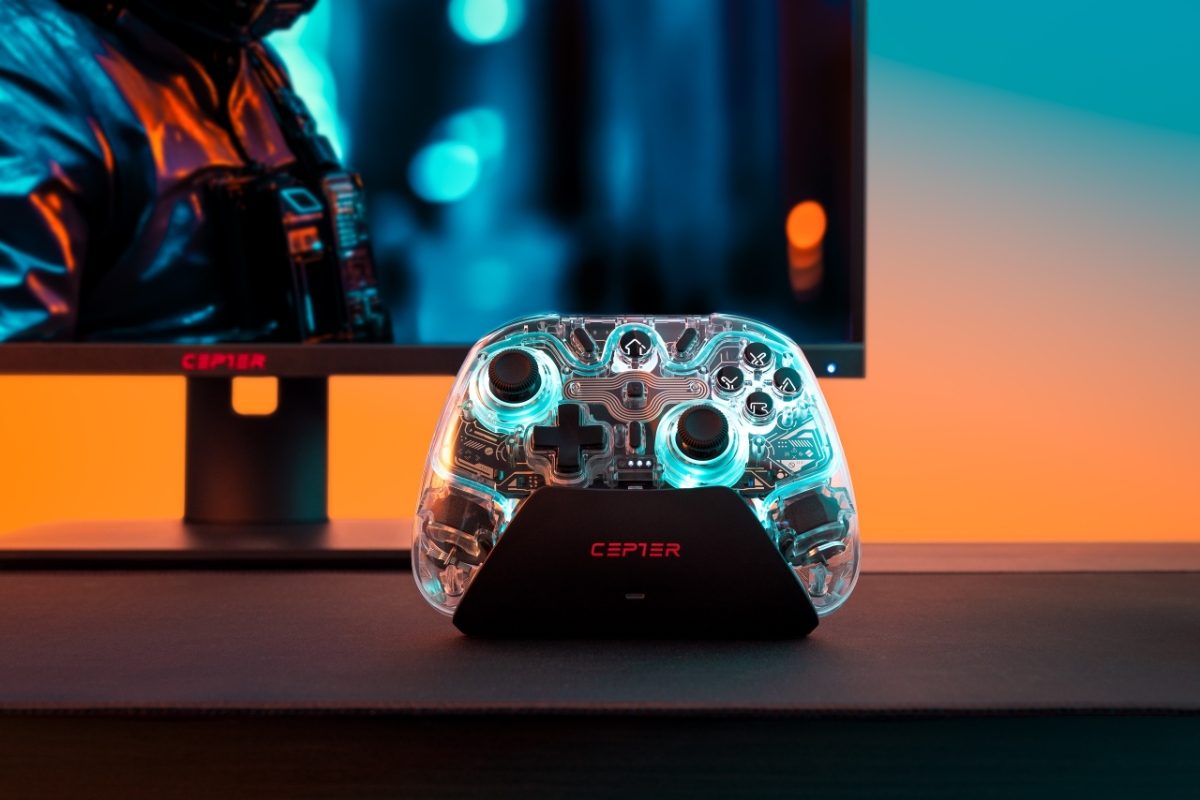 Cepter Horizon controller on a dock on a gaming desk