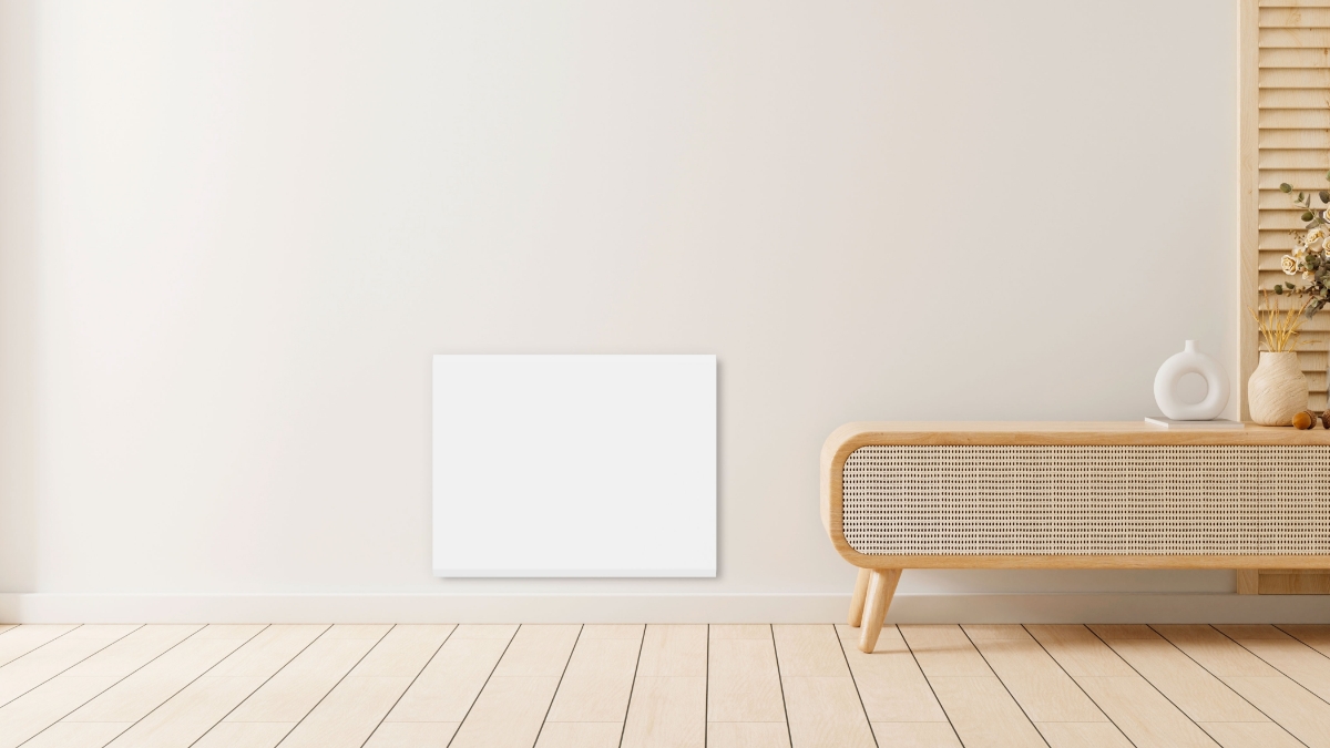 POINT POPAN400 PANEL HEATER 400W mounted on a beige wall with a console next to it