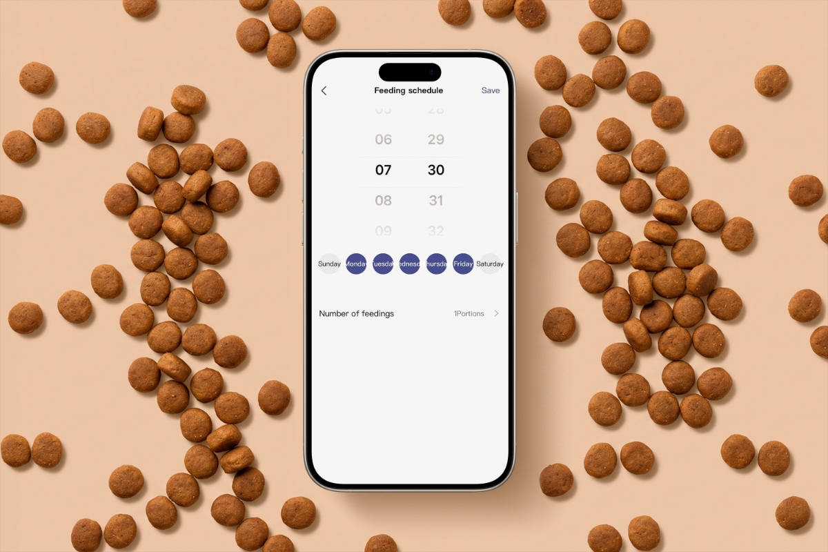 A beige background with a smartphone that has an app opened for managing the Point Pet app and some dry pet food next to the smartphone