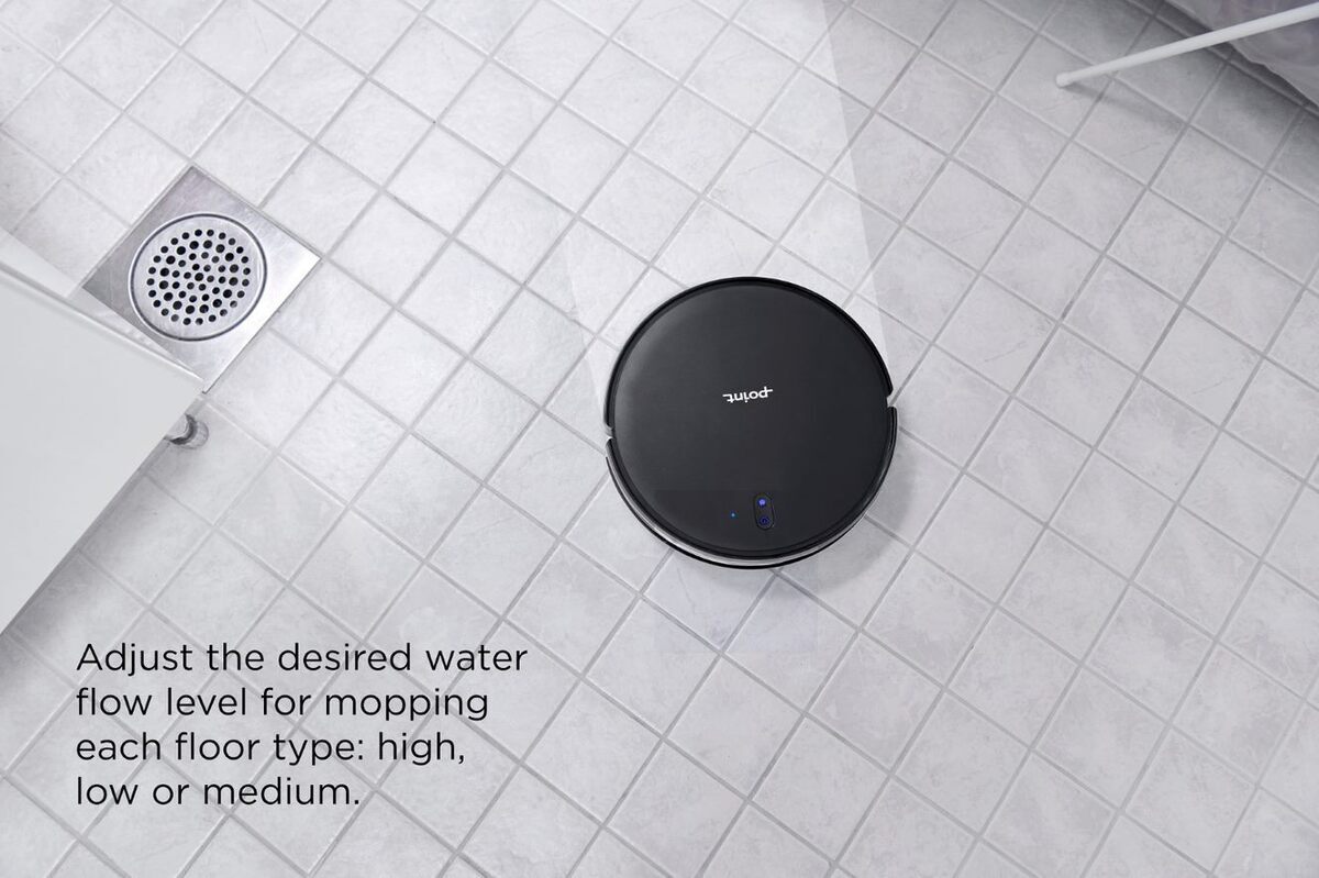 A picture of a black Point Dusty robot vacuum cleaner mopping the white tile floors in a bathroom with a text about its water flow adjustment