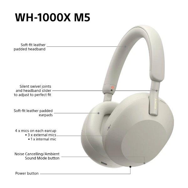 Sony WH-1000XM5 trådløs Støyreduserende hodetelefoner, sølv - Power.no