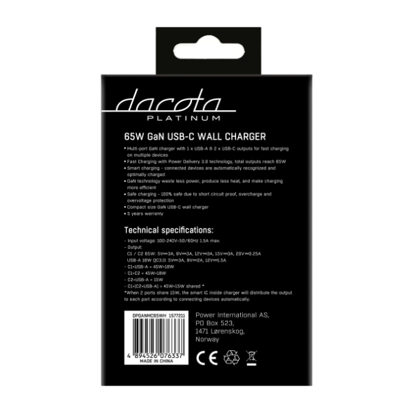 Dacota Platinum Gan hurtiglader 65 W 3 Porter, hvit - Power.no