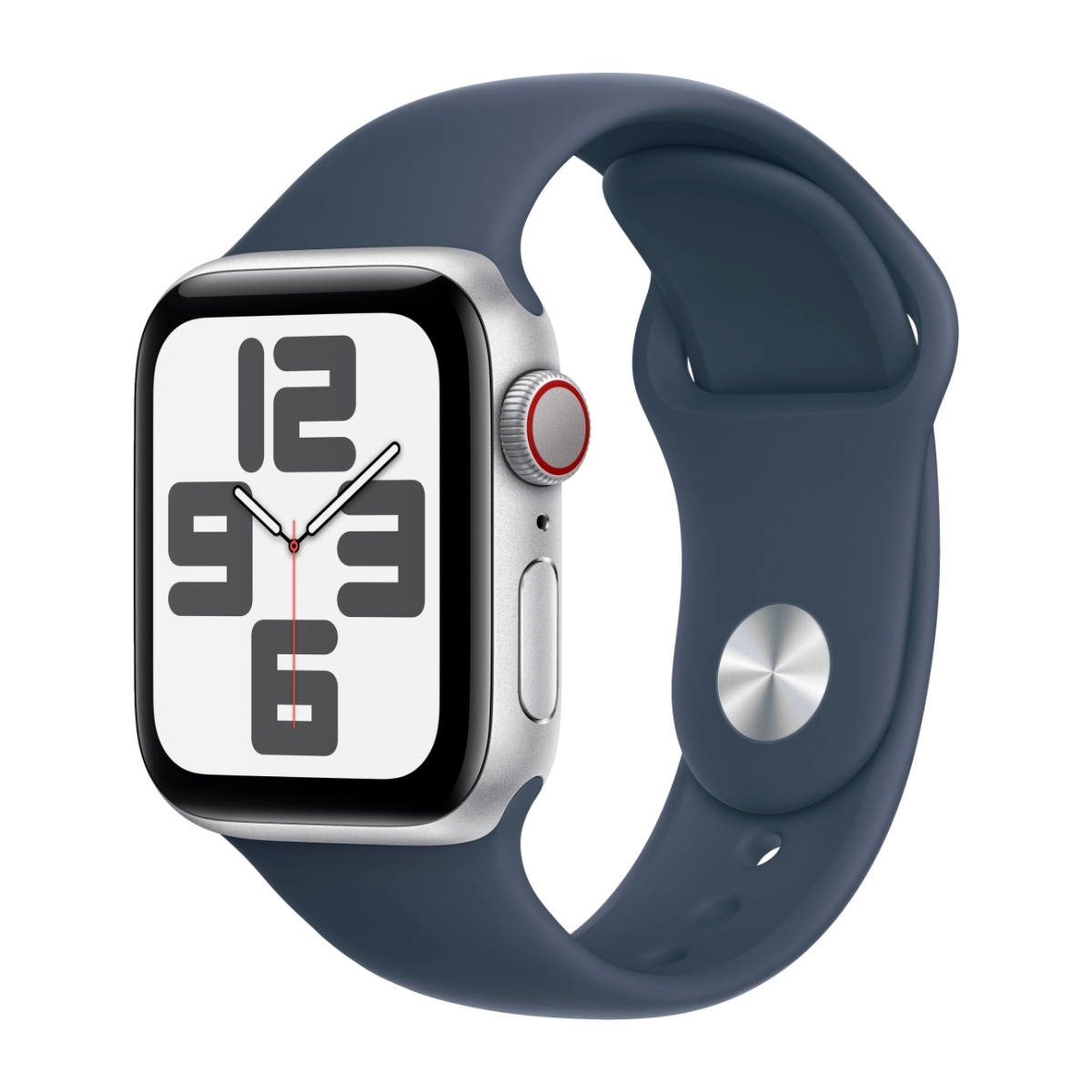Apple Watch SE GPS + Cellular 40 mm sølvfarvet aluminium urkasse med Stormblå sportsrem - S/M