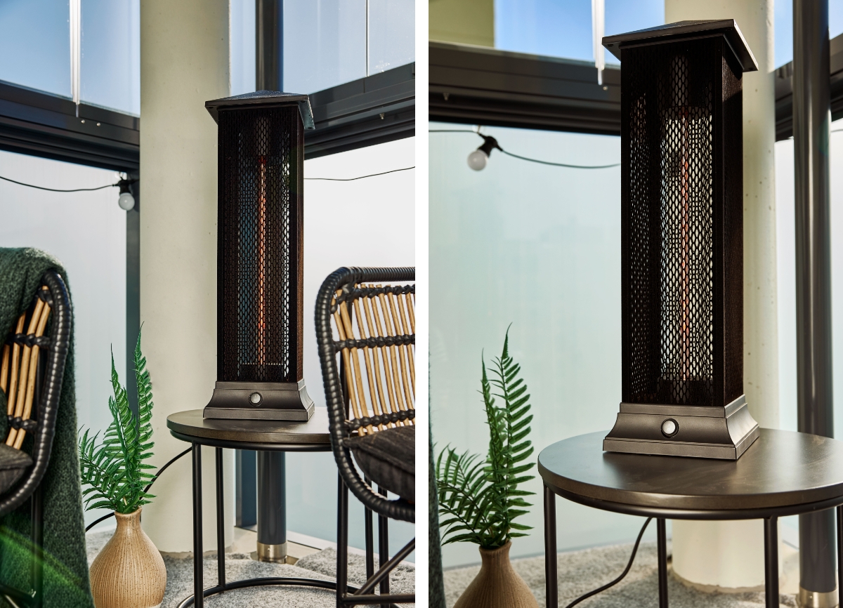 Two images side by side of the POINT PRO POPHTOW66 patio heater, on the left the heater is on a side table on a sunny balcony next to some plants and between two lounge chairs, on the right is a closer image of the same set up and heater