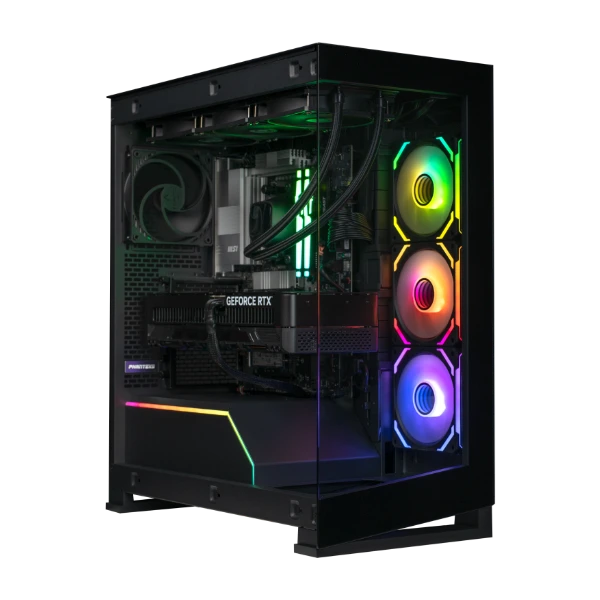 Svart CEPTER EXTREME R59 WIFI R7/64/4TB/5090 gaming-PC i et kabinett med herdet glasspanel. Dynamiske RGB-lys på frontvifter, RAM og interne striper skaper en levende effekt rundt GEFORCE RTX-grafikkortet og MSI-komponenter.
