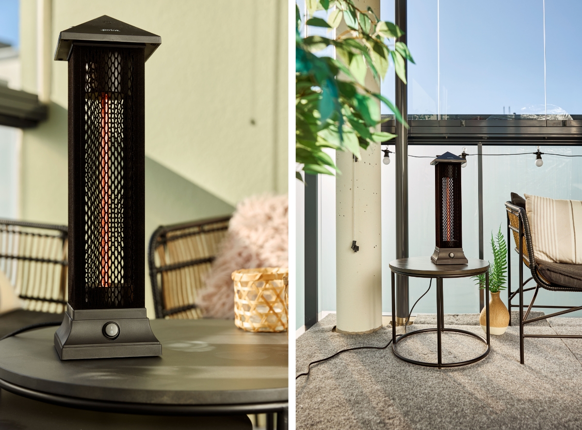 Two images of POINT PRO POPHTOW53 patio heater, on the left a close up of the heater is on and on top of a side table on a sunny balcony, on the right a wide shot of the same heater on a side table