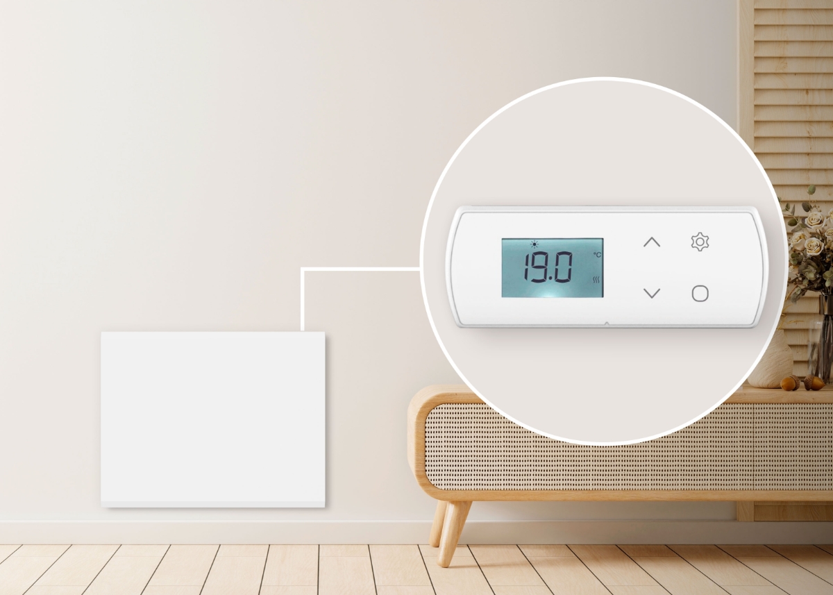 POINT POPAN600 PANEL HEATER 600W mounted on a beige wall with its control panel highlighted in detail