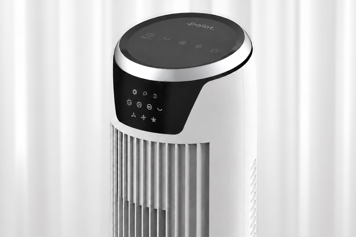 POINT AC TOWER FAN 36" WH White Point tower fan against a white background with its black screen showing clearly up close
