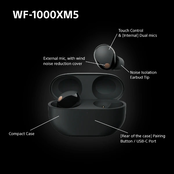 Sony WF-1000XM5 NC True Wireless ørepropper, svart - Power.no