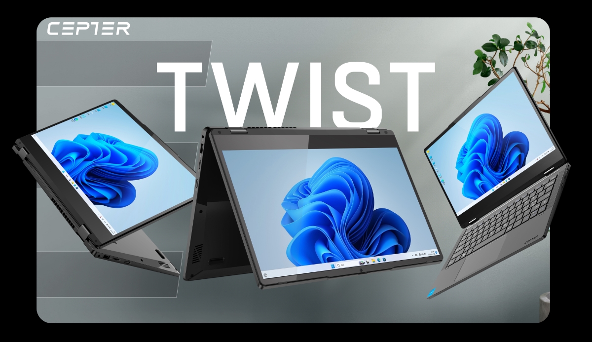 Cepter Twist laptop folded into three different positions.