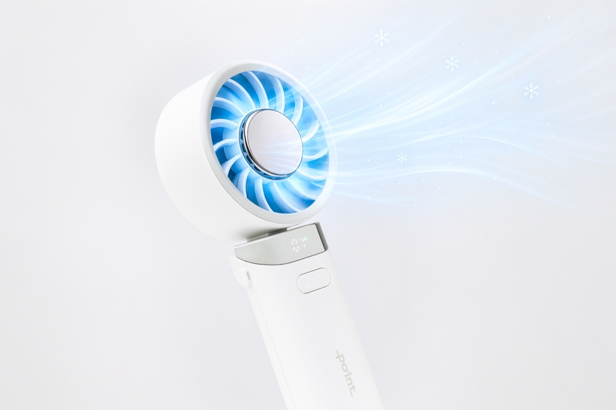 POINT HANDHELD FAN WH A white Point hand fan against a white background and blue air coming out of the fan