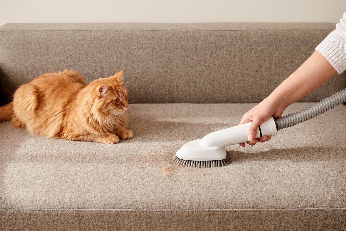 An orange cat sitting on a beige couch with a hand holding the vacuum of the Point Pet Furmate