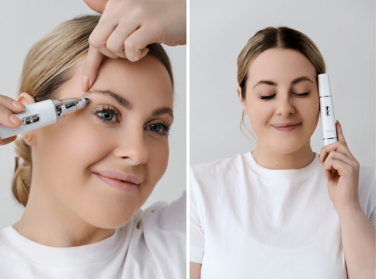 Two images of the NOOA LISSE EYEBROW & FACIAL TRIMMER side by side, on the left it's used on the eyebrows, on the right a person poses with the trimmer