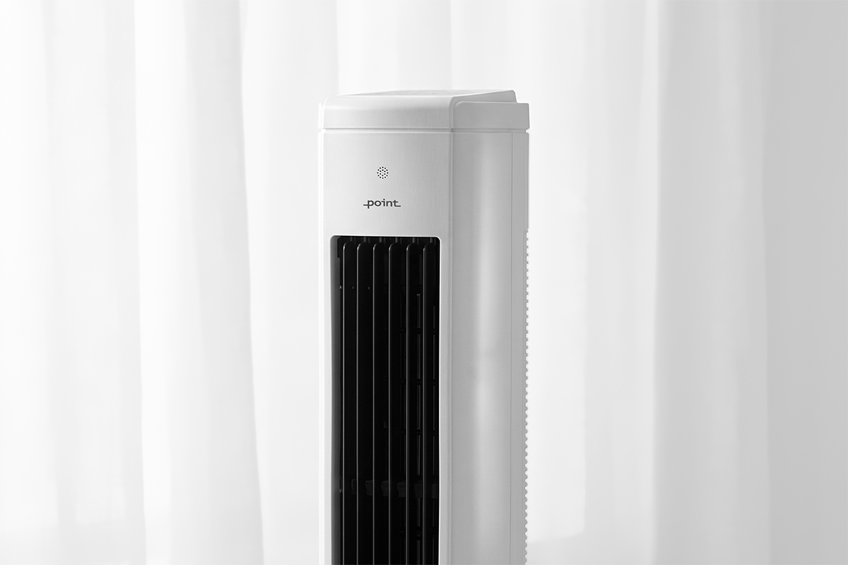 POINT AIR COOLER WH A white point cooler in front of a white background with different shades of white and grey in it and the cooler in a close-up image