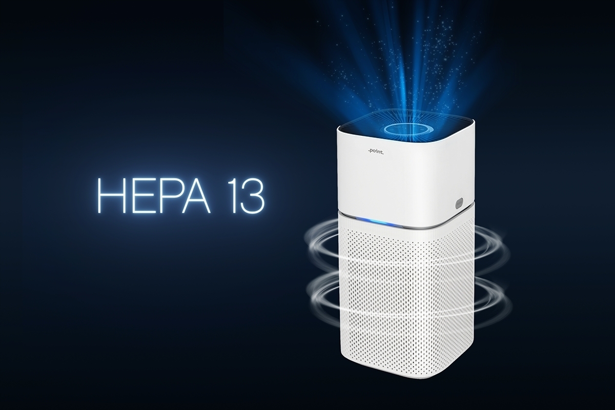 A white Point POAP350 air purifier against a black background with bue and white lines around the purifier stating the air moving from the device and a large "HEPA 13" word in light blue next to the device